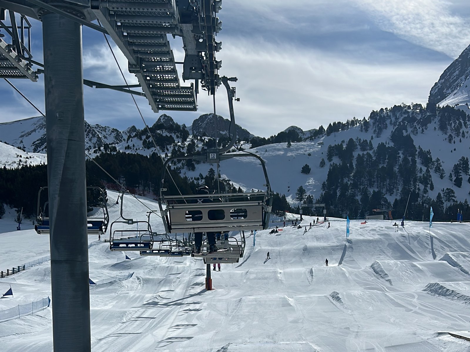 Snowpark Xavi en Grandvalira, en el sector de Grau Roig, con telesilla y línea de kickers